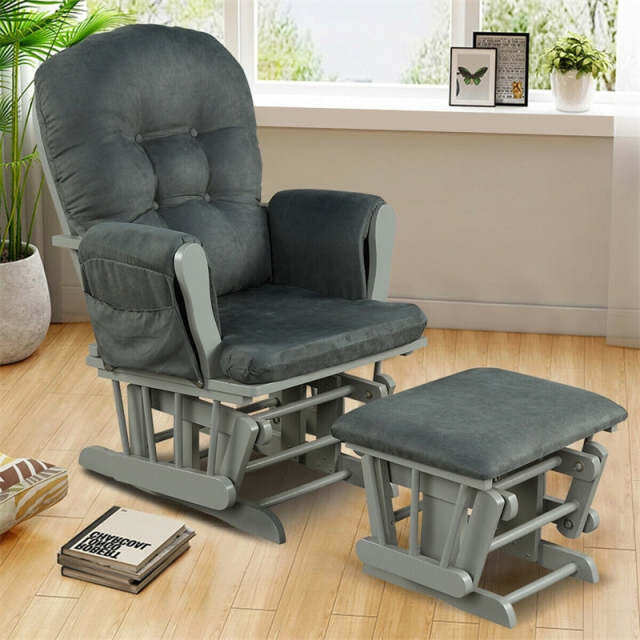 Wood Nursery Glider Chair & Ottoman Set, Upholstered Glider Rocker with Padded Cushion, Storage Pocket, Modern Rocking Chair for Nursery
