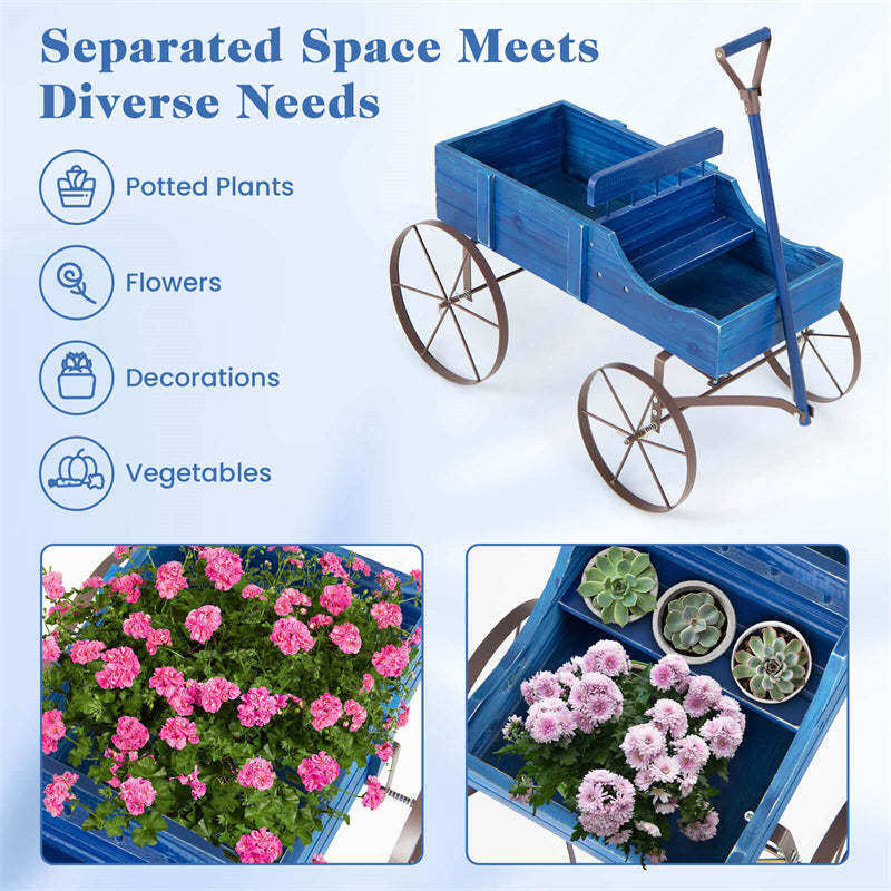 Wooden Wagon Planter with Wheels, Adjustable Handle, 2 Planting Sections, Decorative Garden Cart Planter for Indoor Outdoor, Patio, Backyard
