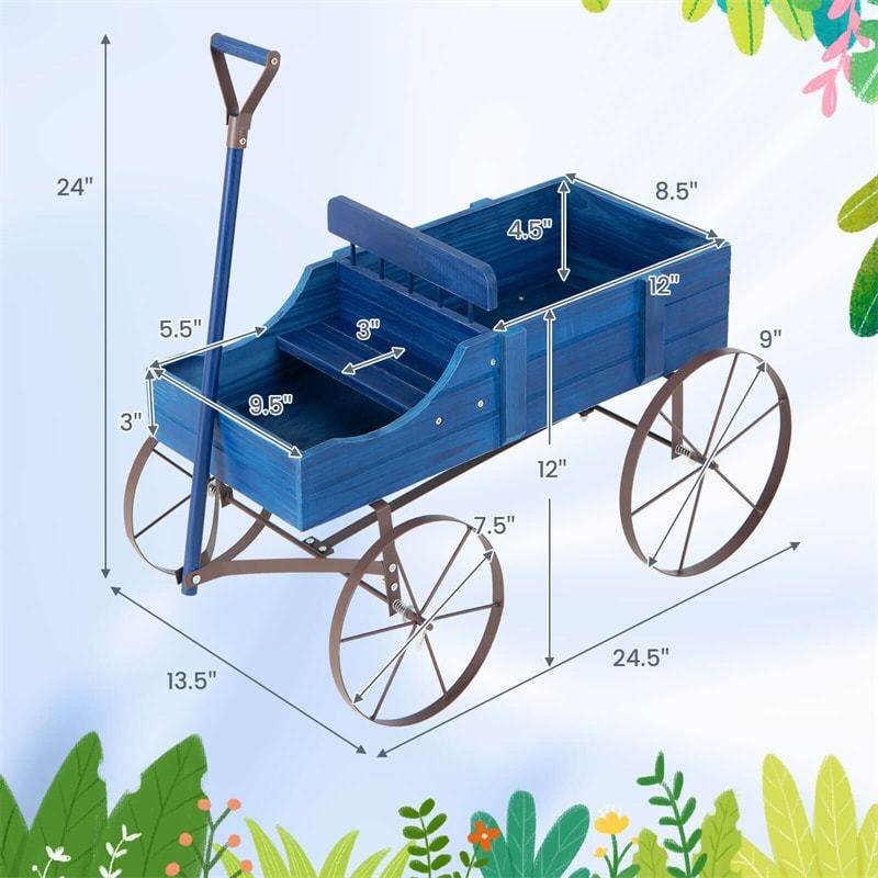 Wooden Wagon Planter with Wheels, Adjustable Handle, 2 Planting Sections, Decorative Garden Cart Planter for Indoor Outdoor, Patio, Backyard