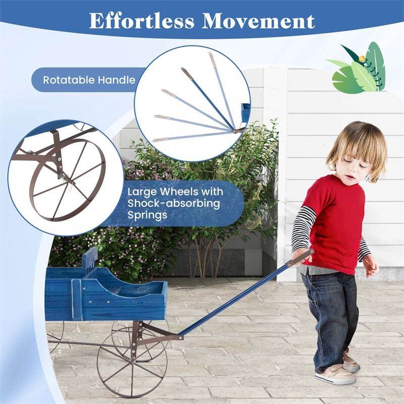 Wooden Wagon Planter with Wheels, Adjustable Handle, 2 Planting Sections, Decorative Garden Cart Planter for Indoor Outdoor, Patio, Backyard