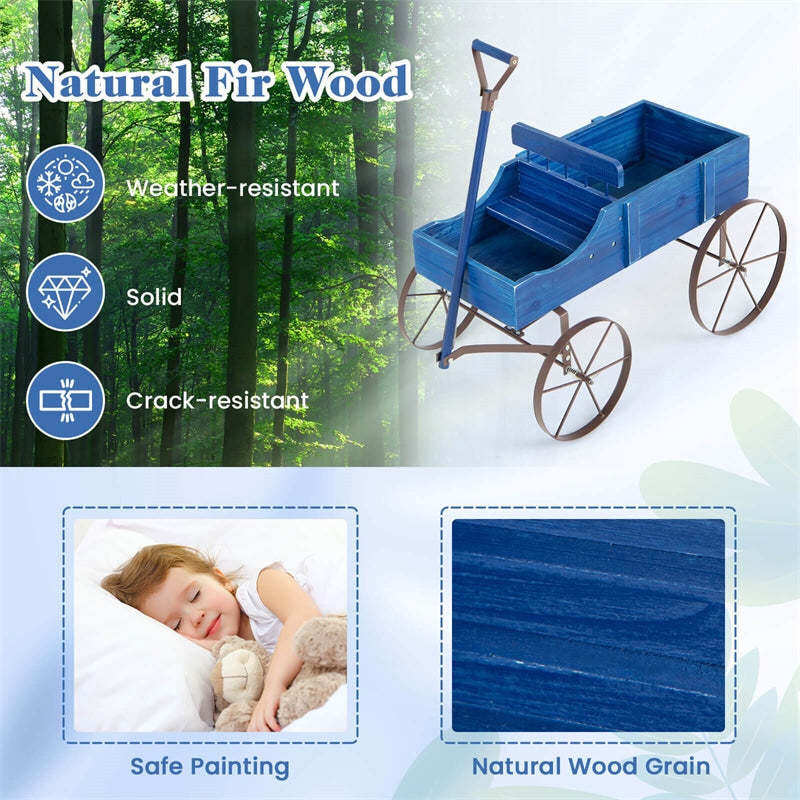 Wooden Wagon Planter with Wheels, Adjustable Handle, 2 Planting Sections, Decorative Garden Cart Planter for Indoor Outdoor, Patio, Backyard