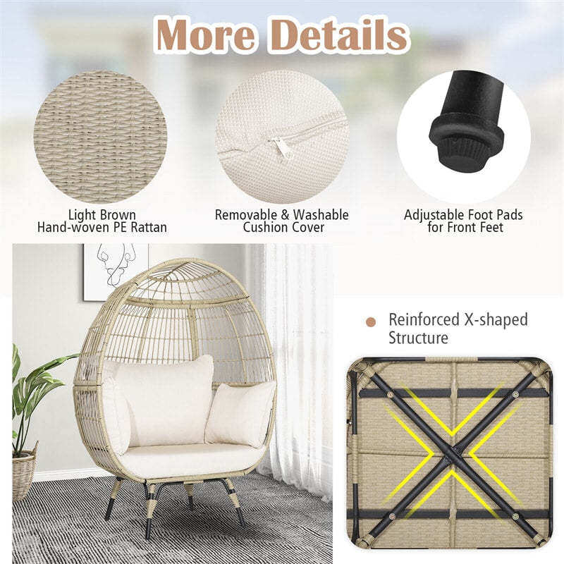 Oversized Wicker Egg Chair, Indoor/Outdoor PE Rattan Basket Lounge Chair with 4 Cushions, Steel Frame, 450LBS Capacity for Patio, Backyard