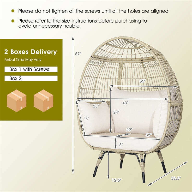 Oversized Wicker Egg Chair, Indoor/Outdoor PE Rattan Basket Lounge Chair with 4 Cushions, Steel Frame, 450LBS Capacity for Patio, Backyard