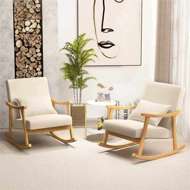 Upholstered Rocking Chair with Rubber Wood Frame, Lumbar Pillow, Padded Seat & Backrest, Modern Rocker for Living Room, Bedroom, Nursery, Office
