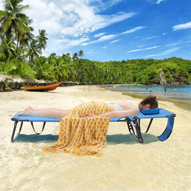 Folding Beach Chaise Lounge Chair, 5-Position Adjustable Sunbathing Recliner with Face Hole, Removable Pillows, Carry Strap, 350LB Support