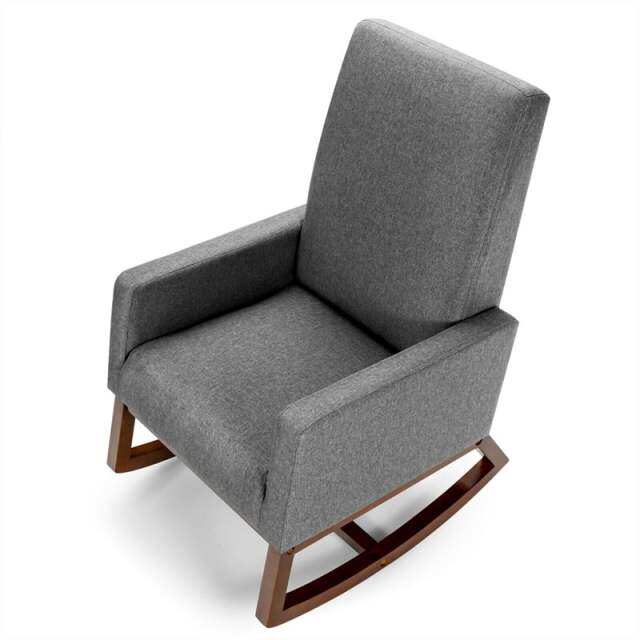 Upholstered Rocking Chair, Mid-Century Modern Fabric Rocker with Wood Base & Side Pocket, High Back Accent Chair for Nursery, Living Room