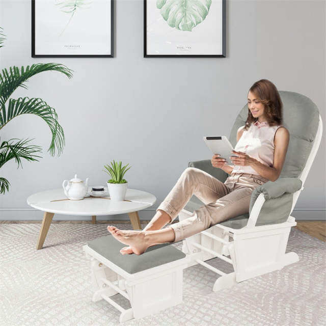 Nursery Glider & Ottoman Set, Wooden Upholstered Glider Rocker with Removable Padded Cushion, Rocking Chair for Napping, Nursing, Reading