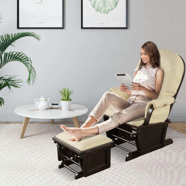 Nursery Glider & Ottoman Set, Wooden Upholstered Glider Rocker with Removable Padded Cushion, Rocking Chair for Napping, Nursing, Reading