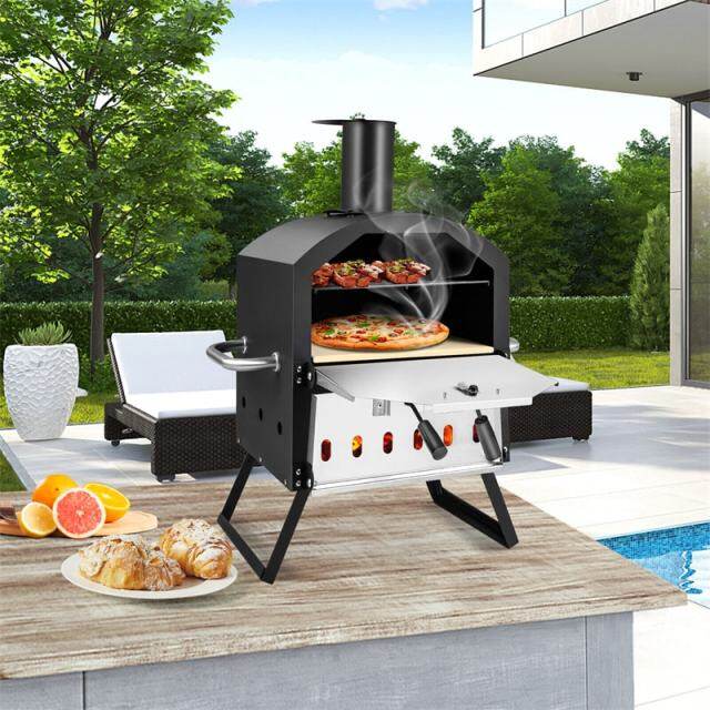 Outdoor 2-Layer Pizza Oven Wood Fired Pizza Oven with Waterproof Cover, Pizza Stone, Pizza Peel, Portable Pizza Maker Pizza Grill Oven for Camping BBQ