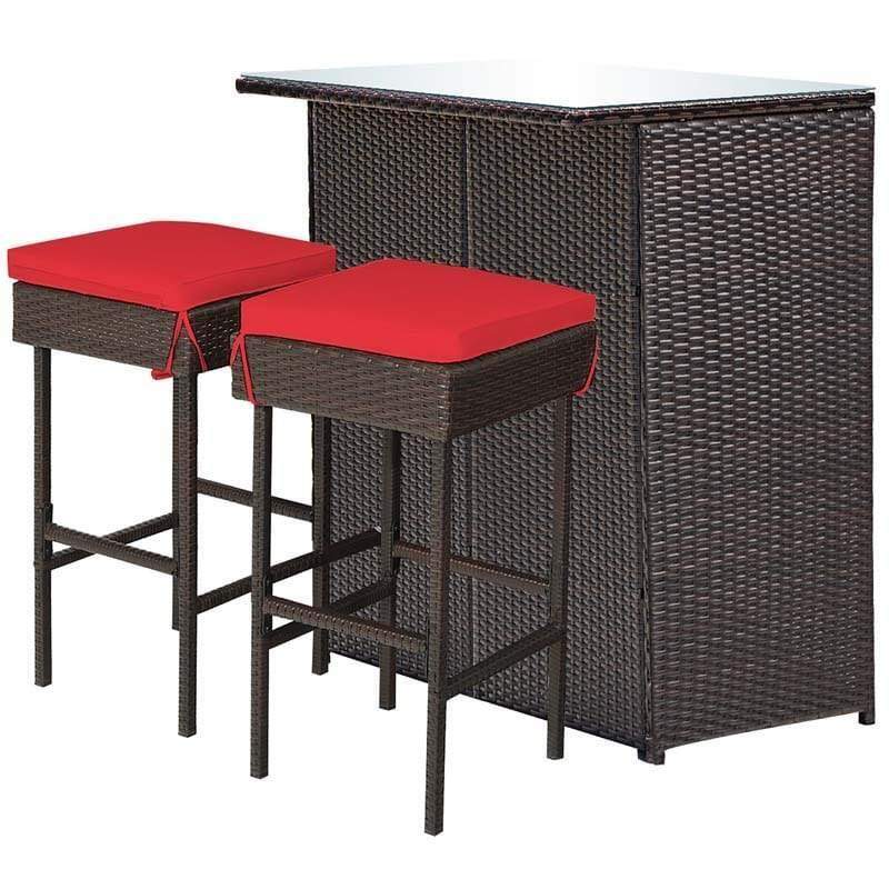 3-Piece Patio Rattan Wicker Bar Table Stool Set with Seat Cushions & Glass Top Table