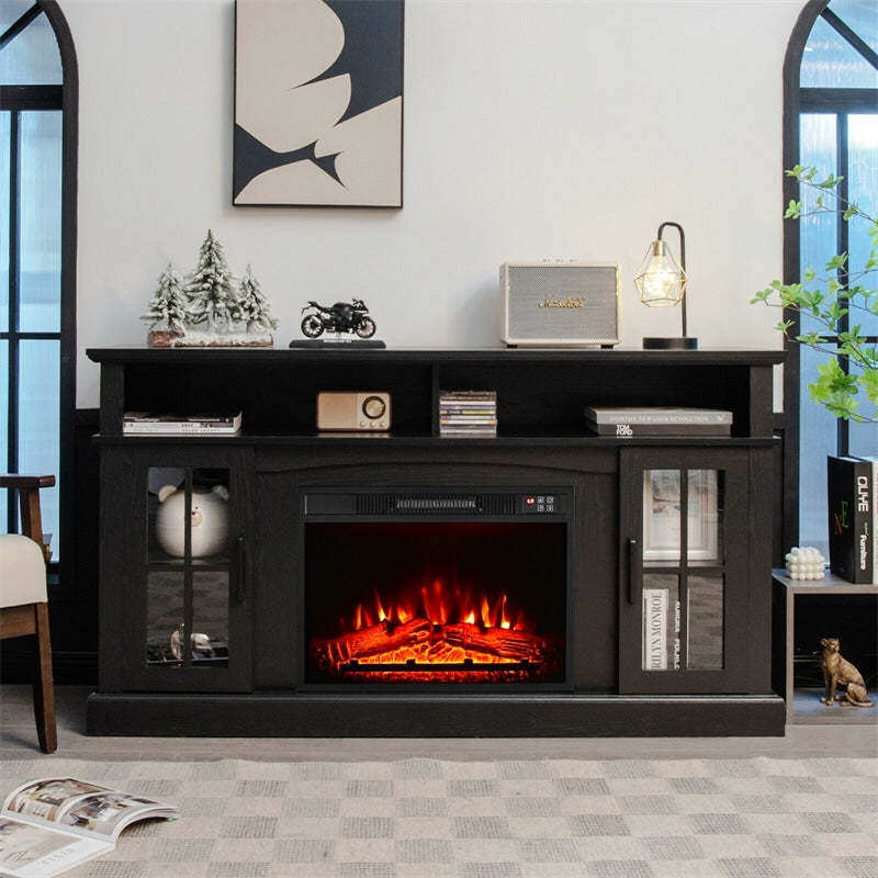 Electric Fireplace TV Stand for TVs Up to 65", 1400W Heater Insert with Remote Control, 3-Level Flame, Overheat Protection, Adjustable Shelves