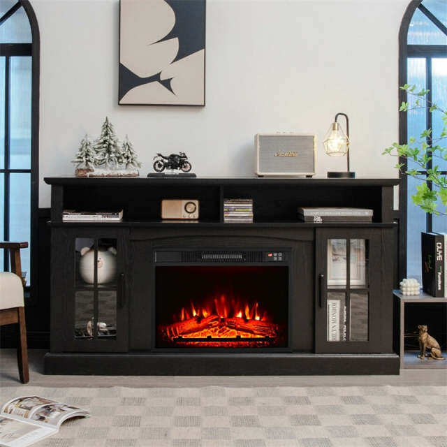 Electric Fireplace TV Stand for TVs Up to 65", 1400W Heater Insert with Remote Control, 3-Level Flame, Overheat Protection, Adjustable Shelves