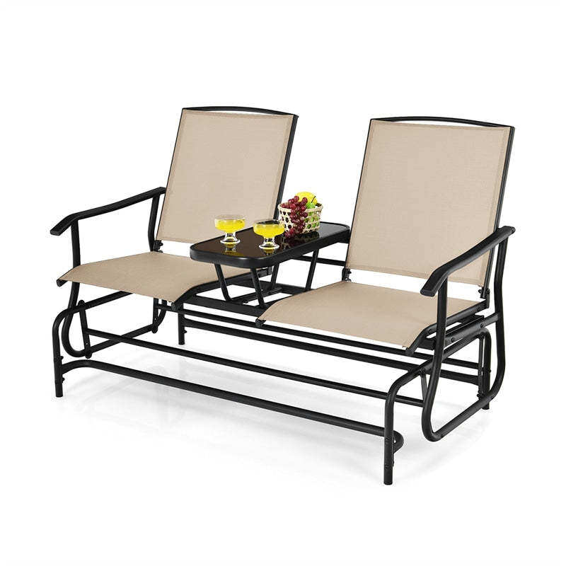2-Person Outdoor Glider Chair with Center Tempered Glass Table, Steel Frame & Breathable Mesh, Patio Rocking Bench for Porch Garden Poolside