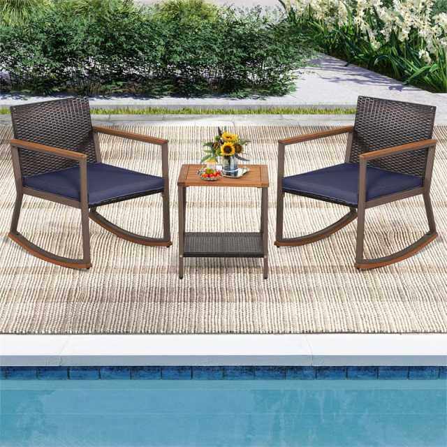 3-Piece Rattan Rocking Bistro Set w/ Cushions, Acacia Wood Top Coffee Table & Storage Shelf, Patio Conversation Set for Balcony, Porch, Poolside