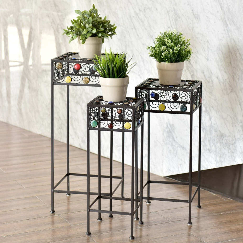 3 Pcs Square Metal Plant Stand Ceramic Beads Flower Display Rack