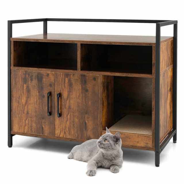Large Cat Litter Box Enclosure 2-Door Wood Hidden Cat Washroom Furniture with Winding Entry, Scratcher & 2 Compartments