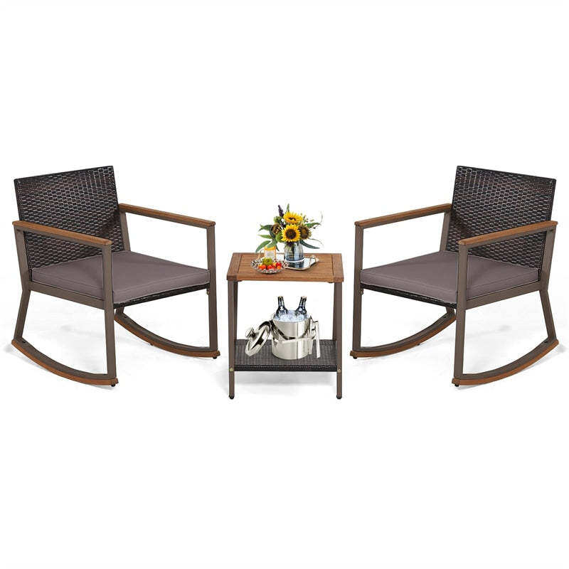 3-Piece Rattan Rocking Bistro Set w/ Cushions, Acacia Wood Top Coffee Table & Storage Shelf, Patio Conversation Set for Balcony, Porch, Poolside