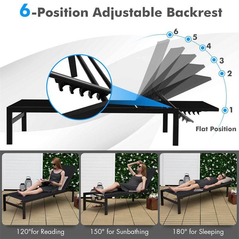 Aluminium Outdoor Chaise Lounge with 6-Position Adjustable Backrest,  Patio Lounge Chair Sun Lounger for Poolside, Backyard, Deck