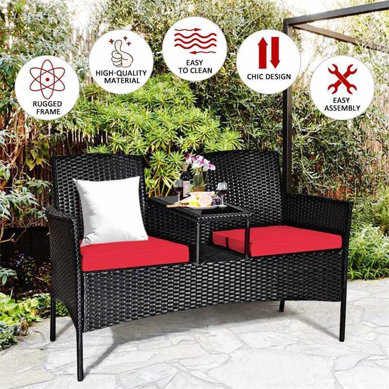 Modern Rattan 2-Seater Patio Furniture Set with Built-in Tempered Glass Table & Removable Cushions, Outdoor Furniture for Backyard, Garden