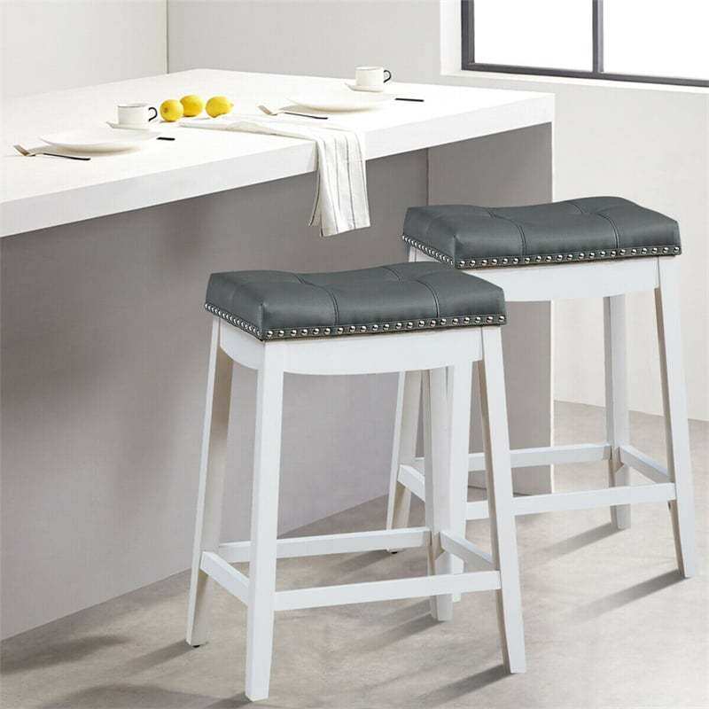 Set of 2 Saddle Seat Bar Stools, 24" Backless Counter Height Barstools with Cushions, Rubber Wood Legs & Footrests for Home Kitchen Living Room