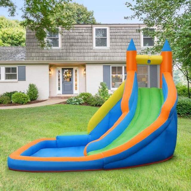 Inflatable Water Slide Mighty Bounce House Jumper Giant Bouncy Waterslide Park with Climbing Wall & Splash Pool for Kids Backyard Fun