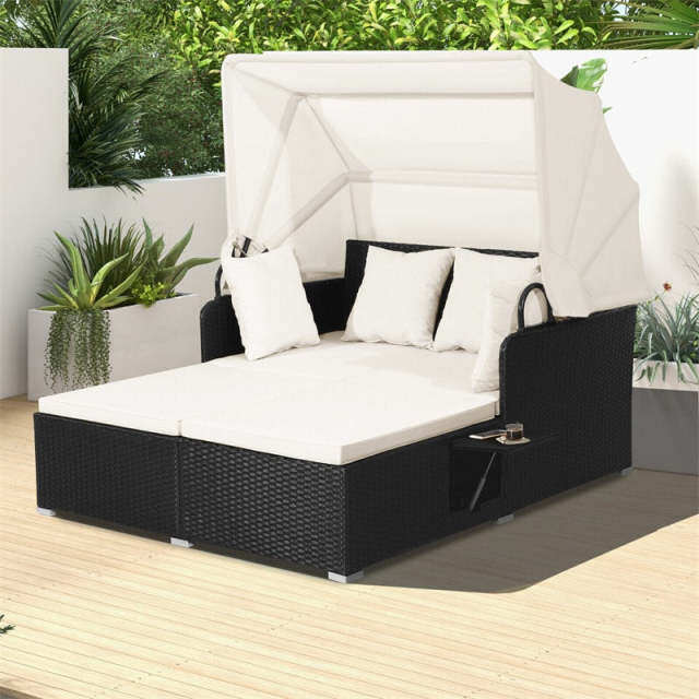 Outdoor Wicker Daybed, Hand-Woven Rattan Daybed with Retractable Canopy, 2 Side Tables, Soft Cushions, Chaise Loveseat for Garden Backyard