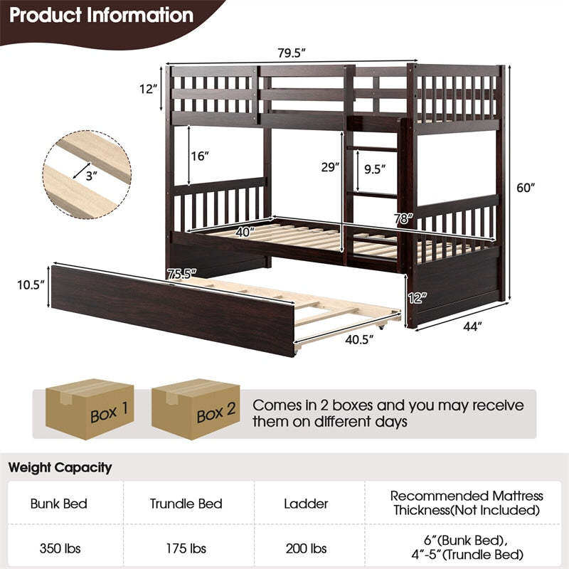 Twin Over Twin Bunk Bed with Twin Trundle, Solid Wood Platform Bed Frame Space-Saving Convertible Bunk Bed with Ladder for Teens & Adults