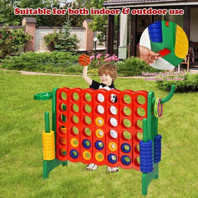 Giant 4-in-A-Row Game Set, Jumbo 4-to-Score Lawn Game with Basketball Hoop, 42 Rings, Quick-Release Slider for Kids & Adults, Indoors Outdoors