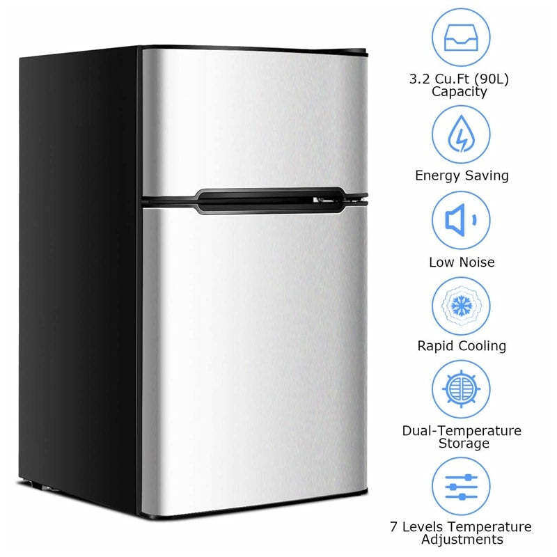 3.2 Cu. Ft. 2-Door Mini Fridge with Freezer, Compact Refrigerator with Temperature Control, Removable Shelves & Reversible Door for Dorm Office
