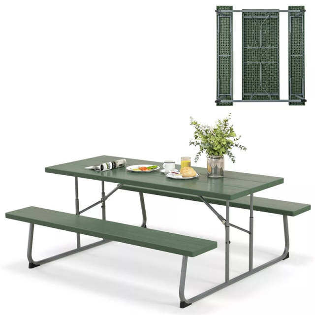 8-Person 6FT Folding Picnic Table & Bench Set, Heavy Duty All-Weather HDPE Outdoor Dining Table with Umbrella Hole & 2 Built-in Benches