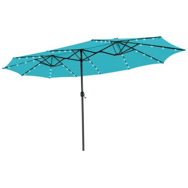 15FT Double-Sided Patio Umbrella with 48 Solar LED Lights & Crank Handle, Extra Large Outdoor Market Umbrella for Poolside, Deck, Backyard