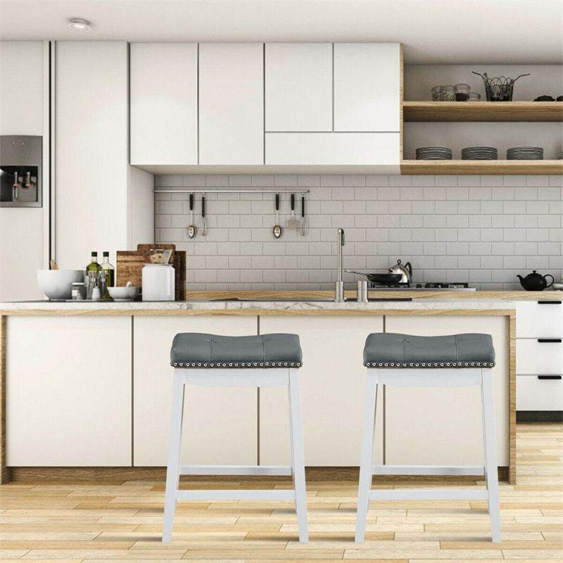 Set of 2 Saddle Seat Bar Stools, 24" Backless Counter Height Barstools with Cushions, Rubber Wood Legs & Footrests for Home Kitchen Living Room