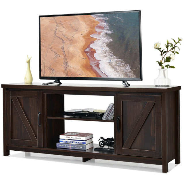 59" Fireplace TV Stand for TVs Up to 65", Farmhouse Wooden Media Console Table with Barn Doors, Storage Cabinet, Adjustable Shelves