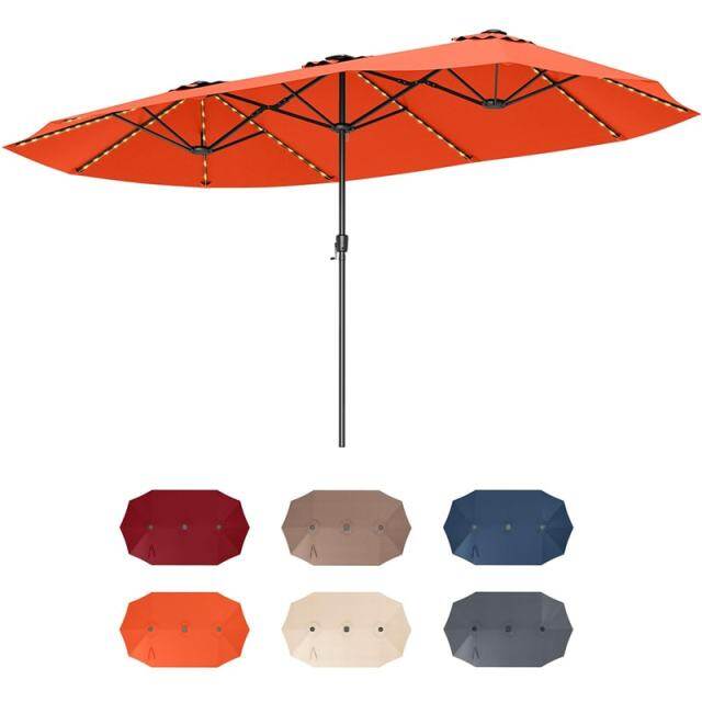 15.5FT Extra Large Patio Umbrella with 144 Solar LED Lights & Crank Handle, 12 Heavy-Duty Ribs Double-Sided Market Umbrella for Deck, Poolside