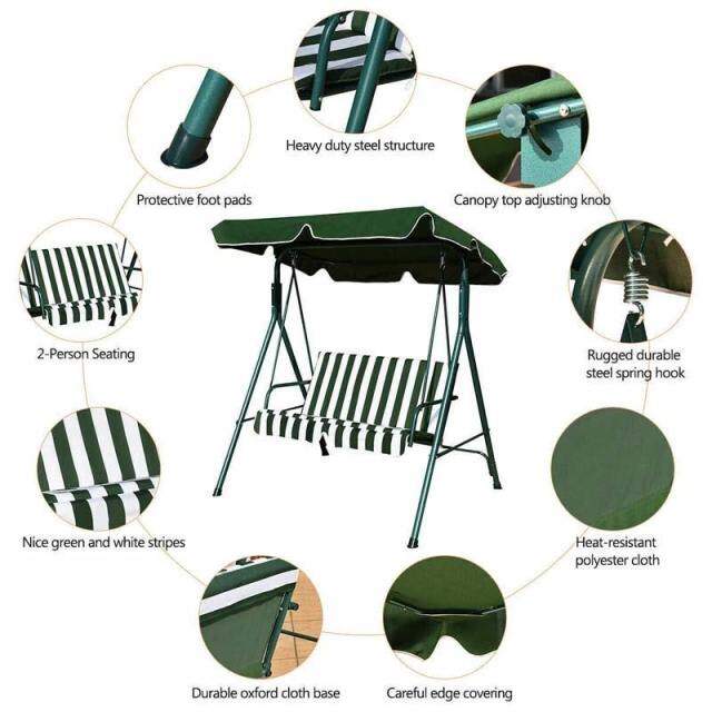 2 Person Patio Swing with Adjustable Canopy & Removable Cushions, Weather Resistant Outdoor Porch Swing for Backyard, Garden, Balcony