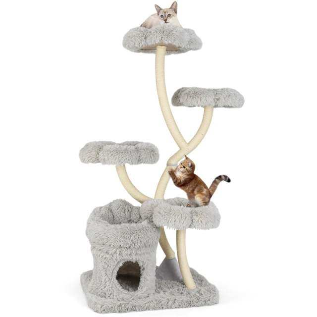 65" Tall Multi-Level Cat Tree, Freestanding Cat Tower w/2-in-1 Cat Condo, Plush Flower Platforms & Sisal Scratching Posts for Large Indoor Cats