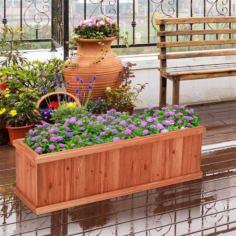 Wooden Raised Garden Bed, Outdoor Rectangle Planter Box with Drainage Holes for Flowers, Vegetables & Fruits, Backyard Patio Wood Planter