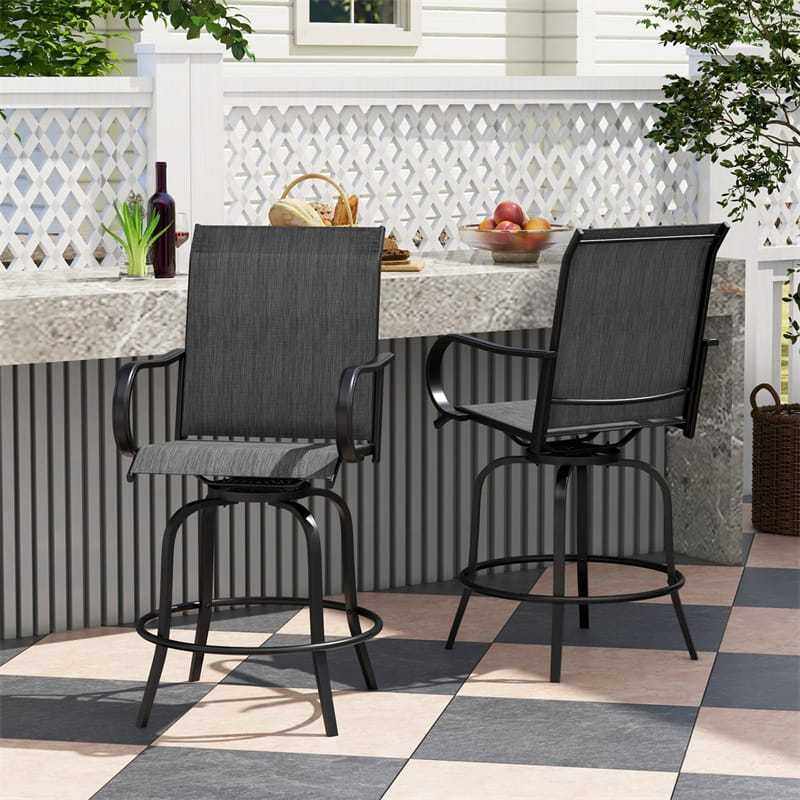 Outdoor Swivel Bar Stools Set of 2, All-Weather Steel Frame Bar Height Patio Chairs with Curved Armrests, High Back & Cozy Footrest