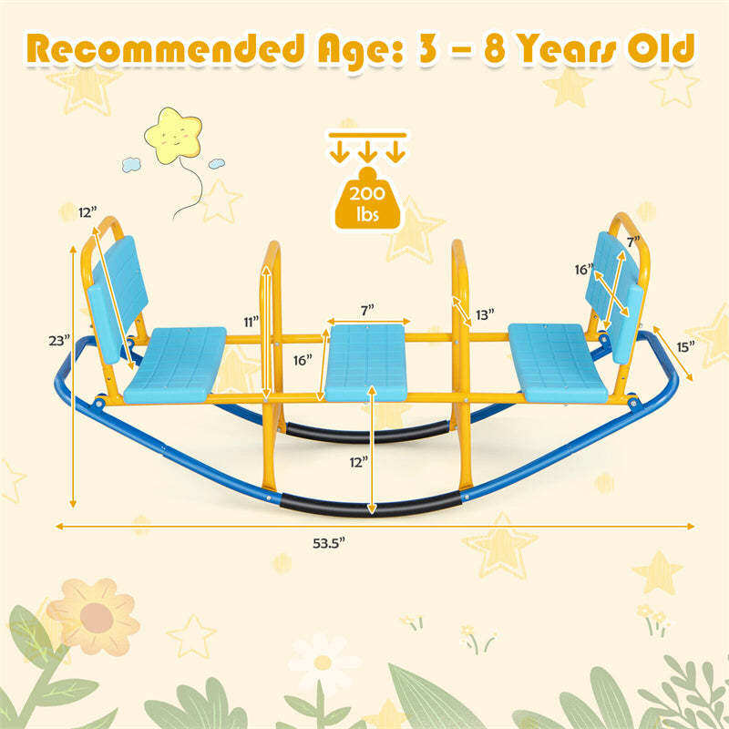 Kids Rocking Seesaw, 3 Person Heavy-Duty Metal Teeter Totter Seesaw with Easy-Grip Handles, Indoor/Outdoor Rocking Toy for Toddlers Ages 3-8
