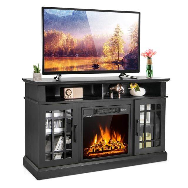 48" Fireplace TV Stand for TVs up to 50", Wood Entertainment Center TV Console with 18" Electric Fireplace, Remote Control, Adjustable Shelves