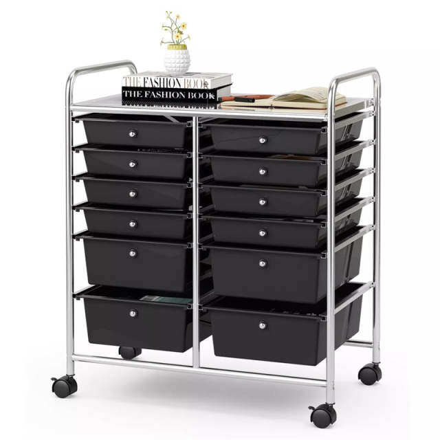 12-Drawer Rolling Storage Cart, Multipurpose Organizer Cart with Lockable Casters, Mobile Utility Cart for School Office Beauty Salon