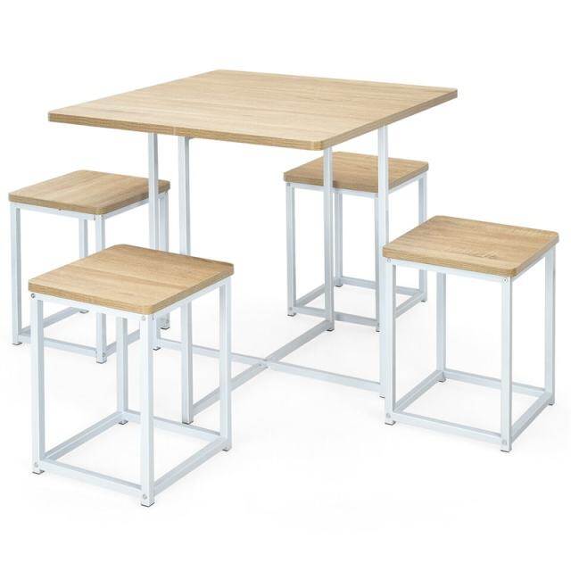5pcs Compact Dining Table Set with 4 Square Stools & Metal Frame for Small Space Pub Apartment