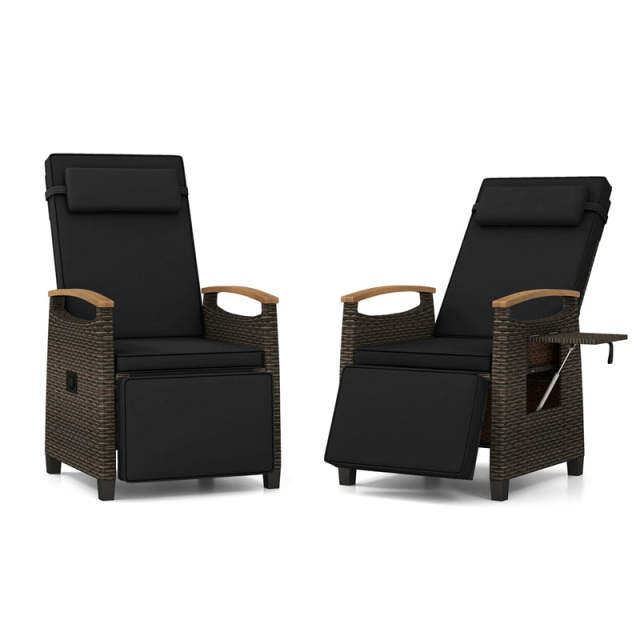 Outdoor Wicker Recliner Chair with Adjustable Backrest, Footrest, Flip Side Table & Cushion, Patio Rattan Chaise Lounge for Backyard Porch