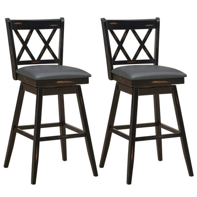 Swivel Bar Stools Set of 2, Rubber Wood 29.5" Counter Height Dining Chairs with Upholstered Cushions, Ergonomic Backrests & Footrests