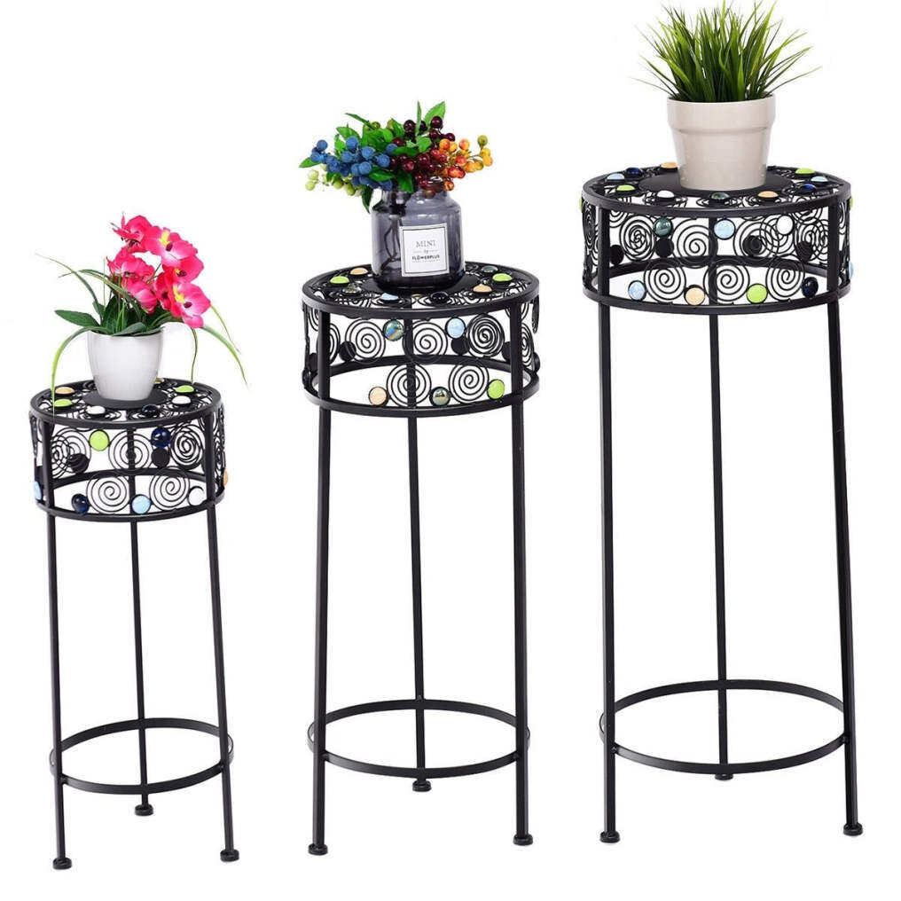 3 Pcs Round Metal Plant Stand Ceramic Beads Flower Display Rack