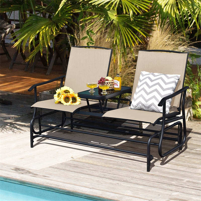 2-Person Outdoor Glider Chair with Center Tempered Glass Table, Steel Frame & Breathable Mesh, Patio Rocking Bench for Porch Garden Poolside