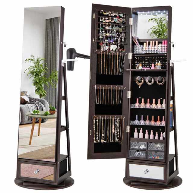 360° Swivel Jewelry Cabinet Armoire, Full-Length Mirror with LED Lockable Jewelry Organizer, Hairdryer Holder, Drawer, Rear Storage Shelves