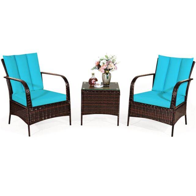 3PCS Patio Rattan Furniture Set with 2 Chairs, Cushions & Tempered Glass Top Coffee Table, Outdoor Wicker Conversation Set for Garden Deck