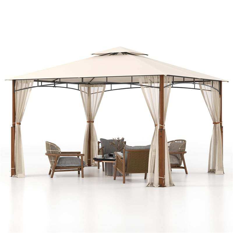 12' x 10' Outdoor Patio Gazebo with Netting, 2-Tier Canopy Roof Gazebo Tent Metal Frame Sunshade Shelter for Patio Yard Garden Lawn Deck