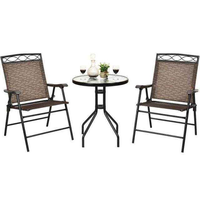3 Piece Patio Bistro Set Outdoor Pub Dining Set Round Glass Table with 2 Folding Sling Chairs
